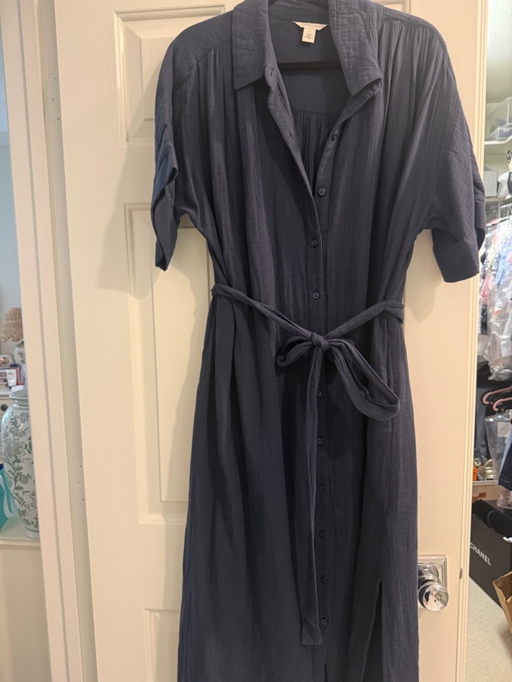 Caslon Navy Button-Front Midi Shirt Dress with Tie Waist